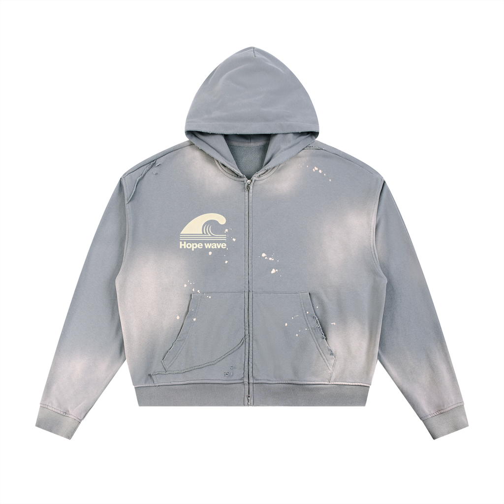 Sun Fade Frayed Raw Edge Fleece Zip Hoodie
