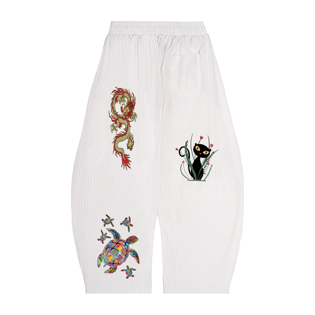 Vertical Stripe Drawstring Barrel Pants